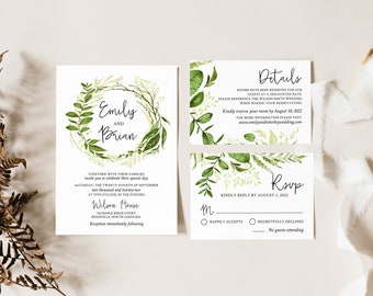 EMILY Greenery Wedding Invitation Template Set, Forest Leaf Wedding Invites, Digital