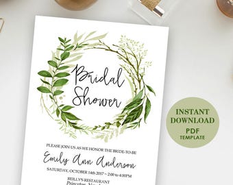 Editable Bridal Shower Invitation, Printable Template (Emily), Instant Download, Editable Text, Greenery, Garden Foliage Wreath Invite