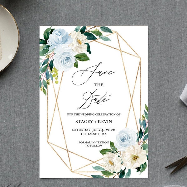 Editable Save the Date Template, Editable PDF, Dusty Blue and White Florals, Edit Yourself, Garden, Boho Wedding - Stacey