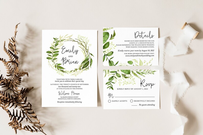 EMILY Greenery Wedding Invitation Template Set, Forest Leaf Wedding Invites, Digital image 1
