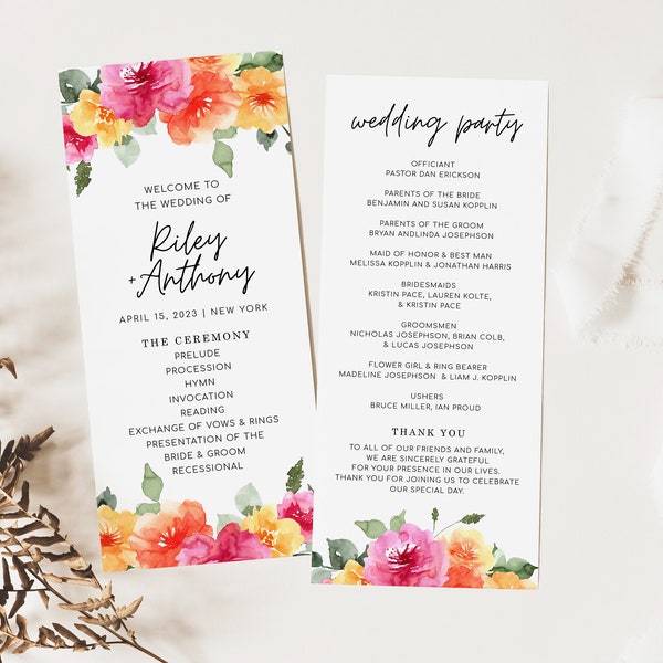 SARAI Orange Pink Floral Wedding Program Template, Spring Floral Colorful Wedding Décor, Printable Order of Service, DIY Editable