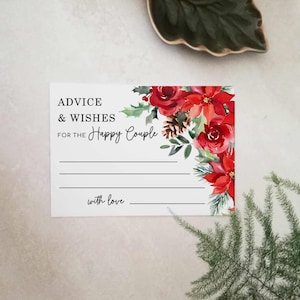 May include: A white advice and wishes card for a happy couple, featuring red poinsettias, roses, and greenery. The card includes lines for writing and the phrase "with love."