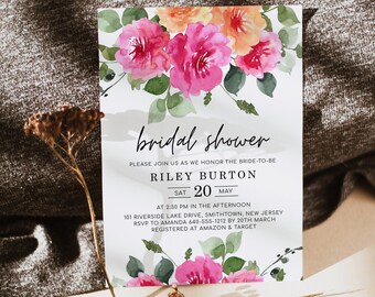 SLOAN Bright Pink Peach Roses Bridal Shower Invitation Template, Colorful Floral Spring Summer Floral Bridal Shower Invites, Digital