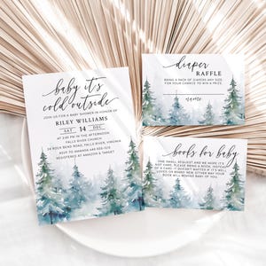 HIVER Ensemble d'invitations pour baby shower, lot de baby shower, invitations de baby shower forêt de pins, numérique, Raelynn