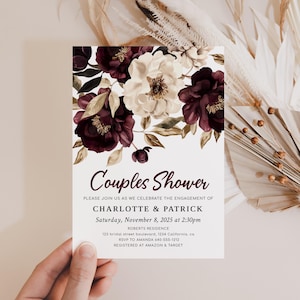 PLUM Floral Couples Shower Invitation, Burgundy Floral Wedding Shower Invitation Template, Fall, Instant Download