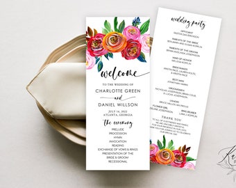 Colorful Bright Floral Wedding Program Template, Summer Acrylic Wedding Décor, Printable Order of Service, DIY Editable, Yvonne
