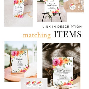 May include: A set of printable bridal shower decorations featuring watercolor floral designs in shades of pink, orange, and yellow. The set includes a welcome sign, a mimosa bar sign, a thank you tag, a bridal shower invitation, and cupcake toppers.