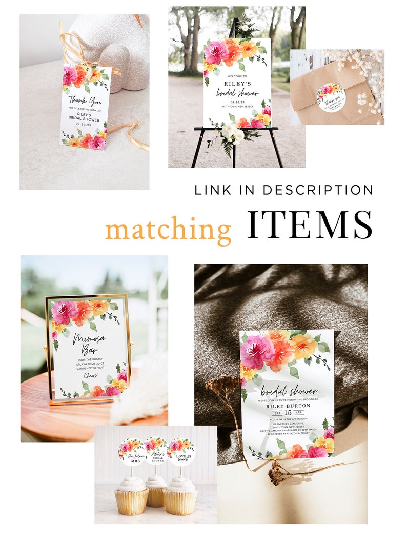 May include: A set of printable bridal shower decorations featuring watercolor floral designs in shades of pink, orange, and yellow. The set includes a welcome sign, a mimosa bar sign, a thank you tag, a bridal shower invitation, and cupcake toppers.