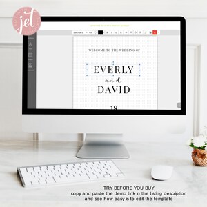 May include: A computer screen displaying a wedding welcome sign template with the text "Welcome to the wedding of Everly and David" in a black font on a white background. The text is surrounded by blue dots. The number 18 is displayed below the text.