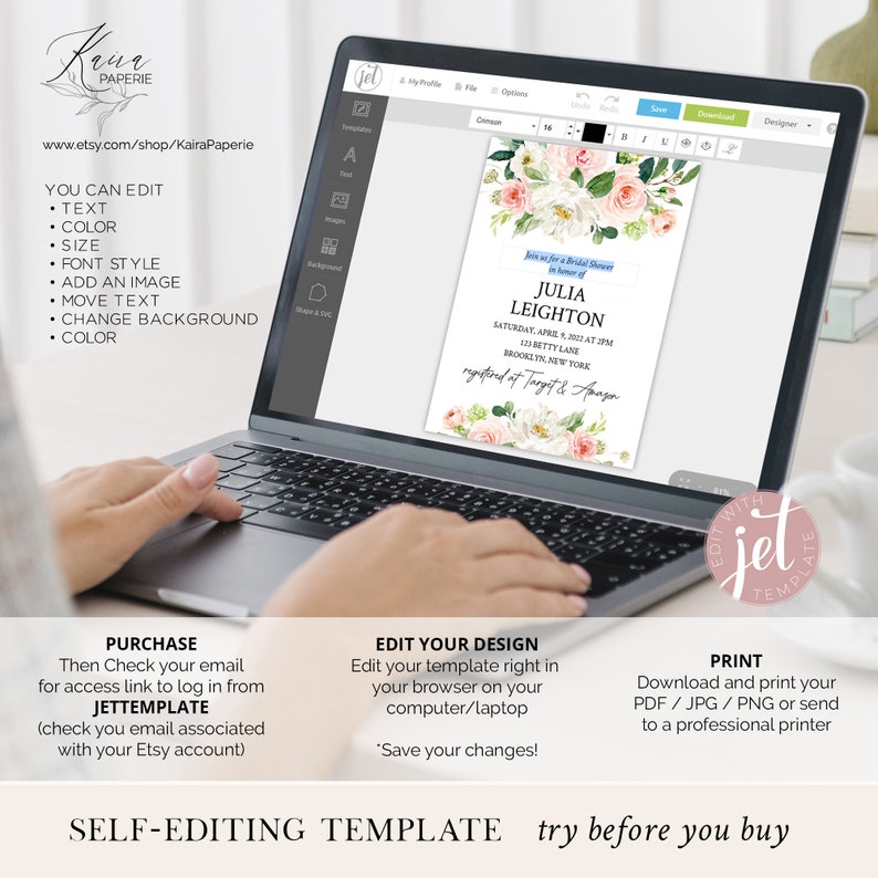 Puede incluir: Una pantalla de computadora port&aacute;til que muestra una plantilla de invitaci&oacute;n de despedida de soltera con flores rosas y blancas. El texto de la invitaci&oacute;n dice "Join us for a Bridal Shower in honor of Julia Leighton, Saturday, April 9, 2021 at 3PM, 123 Betty Lane, Brooklyn, New York, registered at Target & Amazon". El texto en la pantalla de la computadora port&aacute;til tambi&eacute;n dice "Edit your template right in your browser on your computer/laptop, Save your changes!"