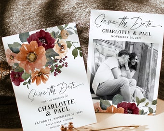 NIA Orange Terracota Burgundy Floral Save the Date Invitation Template, Fall Autumn Floral Save our Date Invite with Photo, digital
