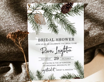 Pine Tree Bridal Shower Invitation Template, INSTANT DOWNLOAD, Printable Forest Shower (River) editable invite