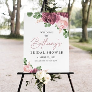 Dusty Pink Floral Bridal Welcome Sign Template, Summer Mauve Bridal Shower Sign, Editable Digital Sign (Livia)