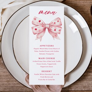 Menú imprimible con lazo dulce de bayas rosas, menú para fiesta de primavera y verano para niñas coquetas, decoración de mesa para cumpleaños de baby shower, menú de texto editable //Adeline