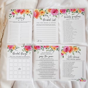 May include: A set of printable bridal shower games with floral designs. The games include "Wedding A-Z", "Bucket List", "Twenty Questions About the Bride", "Bridal Bingo", "Pass the Poem", and "Who Knows the Bride Best".