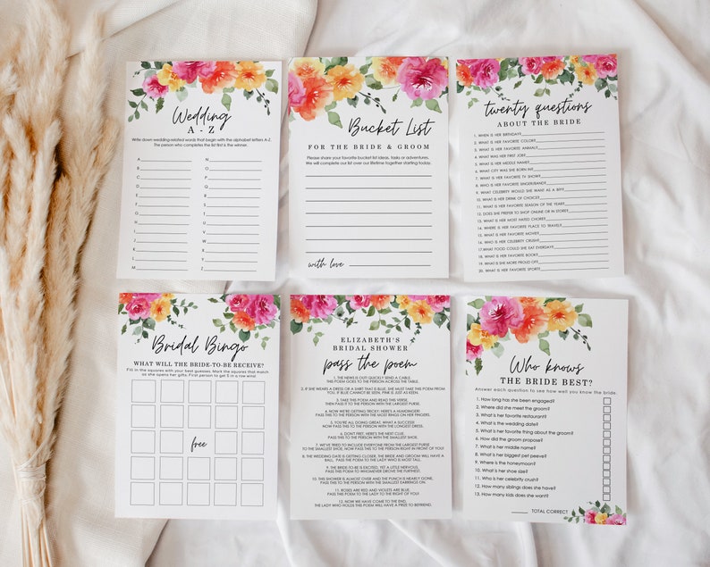 May include: A set of printable bridal shower games with floral designs. The games include "Wedding A-Z", "Bucket List", "Twenty Questions About the Bride", "Bridal Bingo", "Pass the Poem", and "Who Knows the Bride Best".
