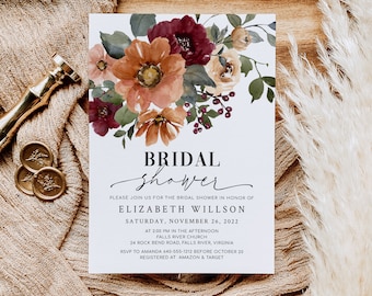 NIA Orange Terracota Burgundy Floral Bridal Shower Invitation Template, Fall Autumn Floral Bridal Shower Invites, Digital