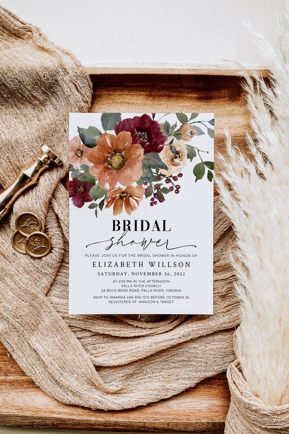 NIA Orange Terracota Burgundy Floral Bridal Shower Invitation Template, Fall Autumn Floral Bridal Shower Invites, Digital