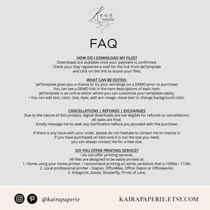 May include: FAQ page for a digital printable shop called Kaira Paperie. The page explains how to download files, what can be edited, and cancellation policies. It also states that the shop does not offer printing services but provides recommendations for printing options.