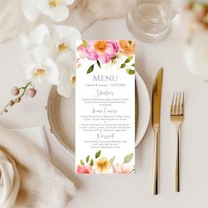 Modèle de menu de jardin floral d'été, menu floral printanier coloré, menu de dîner de mariage, décoration de table, carte de menu numérique, FLO