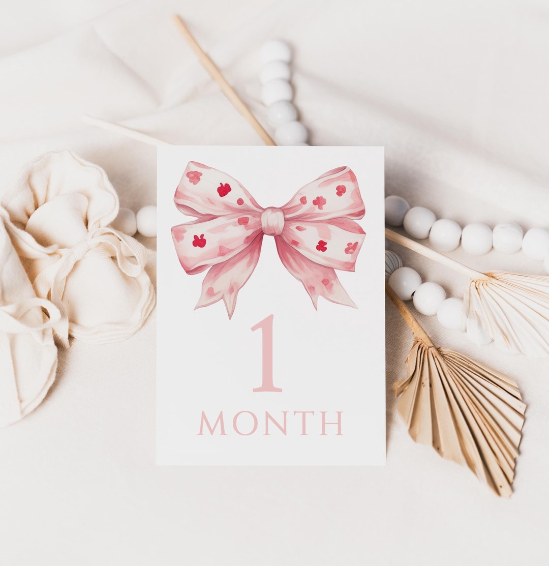 Adeline// Girl Pink Bow Baby Milestone Cards, Coquette Girl Monthly ...