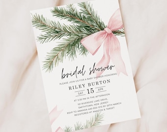 May include: A bridal shower invitation with watercolor illustrations. The invitation features a pink bow, evergreen branches, and the text "bridal shower" in elegant script. Details include the honoree's name, date, time, and location.