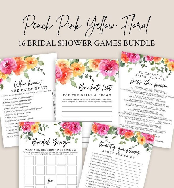 Editable Bridal Shower Games 16 Printable, Peach Pink Yellow Floral Wedding Shower Games, Bridal Party Games, Bride or Groom Game SARAI