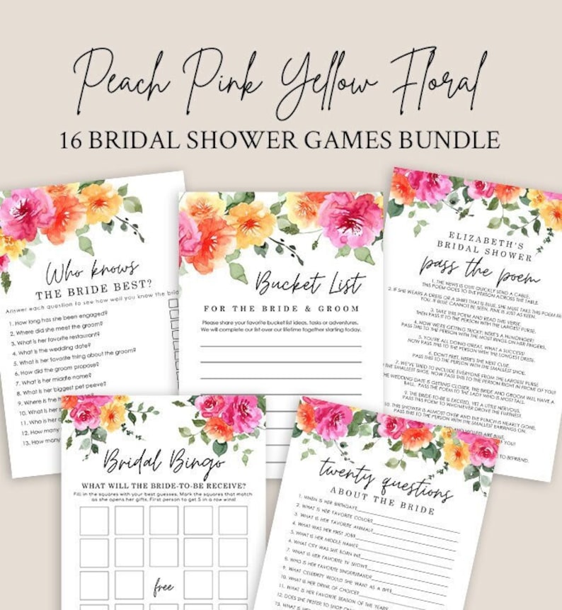 May include: A set of 16 printable bridal shower games with a peach, pink, and yellow floral design. The games include "Who Knows the Bride Best?", "Bucket List for the Bride & Groom", "Bridal Bingo", "Twenty Questions About the Bride", and "Pass the Poem".