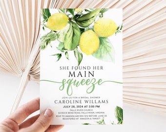 Lemon Bridal Shower Invitation, She Found Her Main Squeeze Invite, Editable Template, Yellow Summer - Eliana