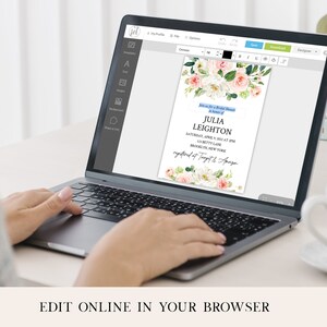 May include: A laptop computer screen displaying a floral bridal shower invitation with the text "Join us for a Bridal Shower in honor of Julia Leighton Saturday, April 9, 2021 at 2PM 123 Betty Lane Brooklyn, New York registered at Target & Amazon"