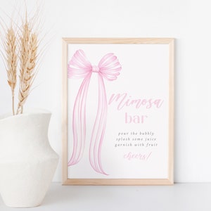 Pink Bow Mimosa Bar Sign, Printable Baby Girl Mimosa Bar Sign, Pink Baby Shower, Editable text, digital Baby Bridal Shower, PIPER
