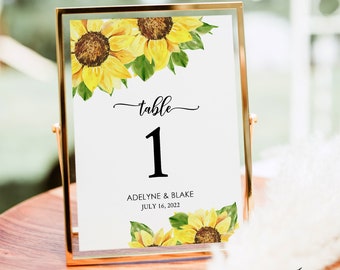 Sunflowers Table Numbers Template, Printable Table Decorations, Wedding or Shower Decor, DIY Editable, Instant Download, yellow, AVA