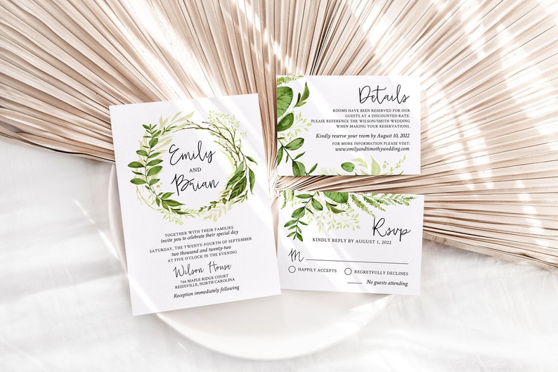 EMILY Greenery Wedding Invitation Template Set, Forest Leaf Wedding Invites, Digital image 5