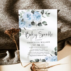 SUTTON Baby Sprinkle Invitation, Winter Floral Baby Shower Invitation, Blue Baby Shower, Digital image 1