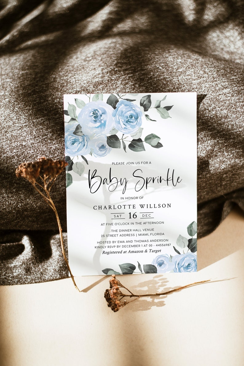 SUTTON Baby Sprinkle Invitation, Winter Floral Baby Shower Invitation, Blue Baby Shower, Digital image 1
