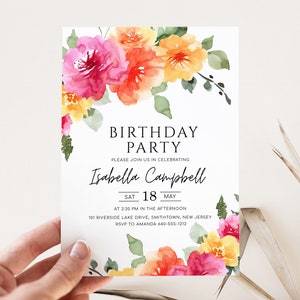 Invito per festa di compleanno con fiori rosa pesca e gialli, invito per festa di fiori primaverili ed estivi colorati, modello modificabile fai da te, SARAI