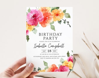 Peach Pink Yellow Floral Birthday Party Invitation, Colorful Spring Summer Flowers Celebration Invite, DIY Editable Template, SARAI