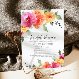 SARAI Peach Pink Yellow Floral Bridal Shower Invitation Template, Colorful Spring Summer Floral Bridal Shower Invites, Digital image 1