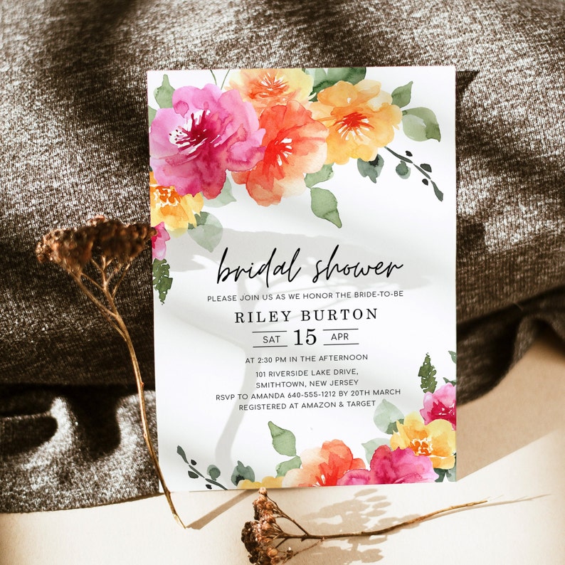 SARAI Peach Pink Yellow Floral Bridal Shower Invitation Template, Colorful Spring Summer Floral Bridal Shower Invites, Digital image 1