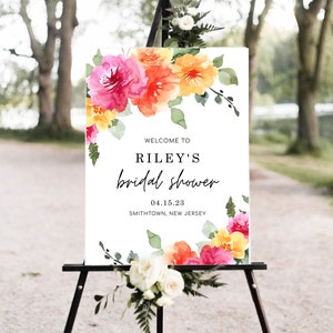 Cartel de bienvenida floral de SARAI, decoración para baby shower, plantilla de bienvenida en color melocotón, rosa y amarillo, descarga instantánea, editable