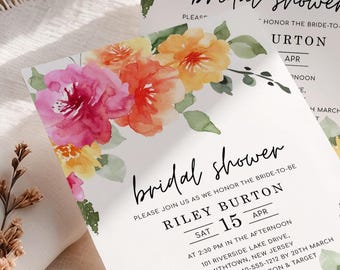 SARAI Peach Pink Yellow Floral Bridal Shower Invitation Template, Colorful Spring Summer Floral Bridal Shower Invites, Digital