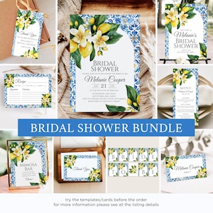 Lemon Mediterranean Bridal Shower Bundle, Blue Tile Lemon Bridal Shower Invitations, Summer Italian Wedding + Decoration Set, Calista