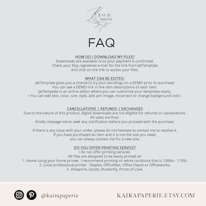 Puede incluir: P&aacute;gina de preguntas frecuentes para una tienda de imprimibles digitales llamada Kaira Paperie. La p&aacute;gina explica c&oacute;mo descargar los archivos, qu&eacute; se puede editar y las pol&iacute;ticas de cancelaci&oacute;n. Tambi&eacute;n indica que la tienda no ofrece servicios de impresi&oacute;n, pero proporciona recomendaciones para las opciones de impresi&oacute;n.