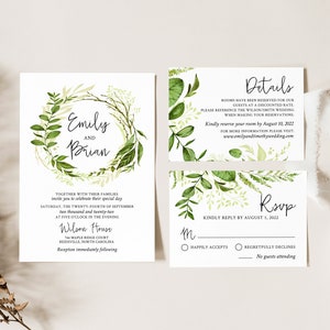 EMILY Greenery Wedding Invitation Template Set, Forest Leaf Wedding Invites, Digital image 9