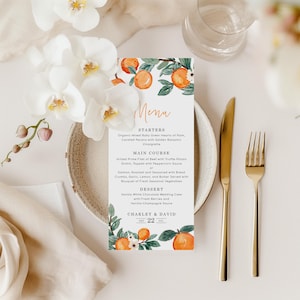 Menu numérique pour une fête de mariage nuptiale | Modèle de menu floral orange | Menu d'été aux agrumes et aux oranges | CHARLEY