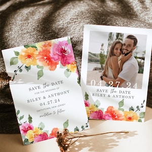 SARAI Pfirsich Rosa Gelb Blumen Save the Date Einladung Vorlage, Bunt Frühling Sommer Floral Save our Date Einladen mit Foto, digital
