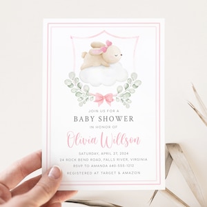 Invitación para baby shower con diseño de conejito en la nube, baby shower con escudo, lazo rosa, invitación para niña dulce, tema de baby shower con nubes, texto editable, LENA