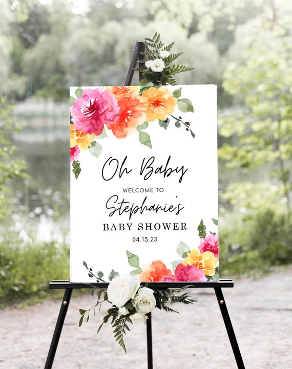 SARAI Peach Pink Yellow Floral Oh Baby Welcome Shower Sign Template, COLORFUL Summer Bright Floral Baby Shower Poster, Shower Decor, Digital