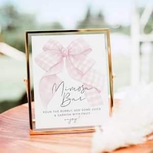 AURORA Mimosa Bar Sign, Modern Pink Bow Mimosa Bar Sign, Shower Mimosa Bar Sign, Girl Pink Gingham Bow, Editable Baby Bridal Shower DIY