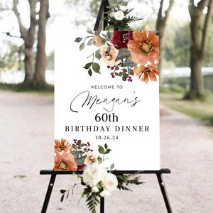 TERRACOTТA 60er Jahre Willkommensschild, Herbst Herbst Willkommen Geburtstag Schild Vorlage, Orange Burgund Blumen Party Dekor, Jedes Alter, Digital, Nia